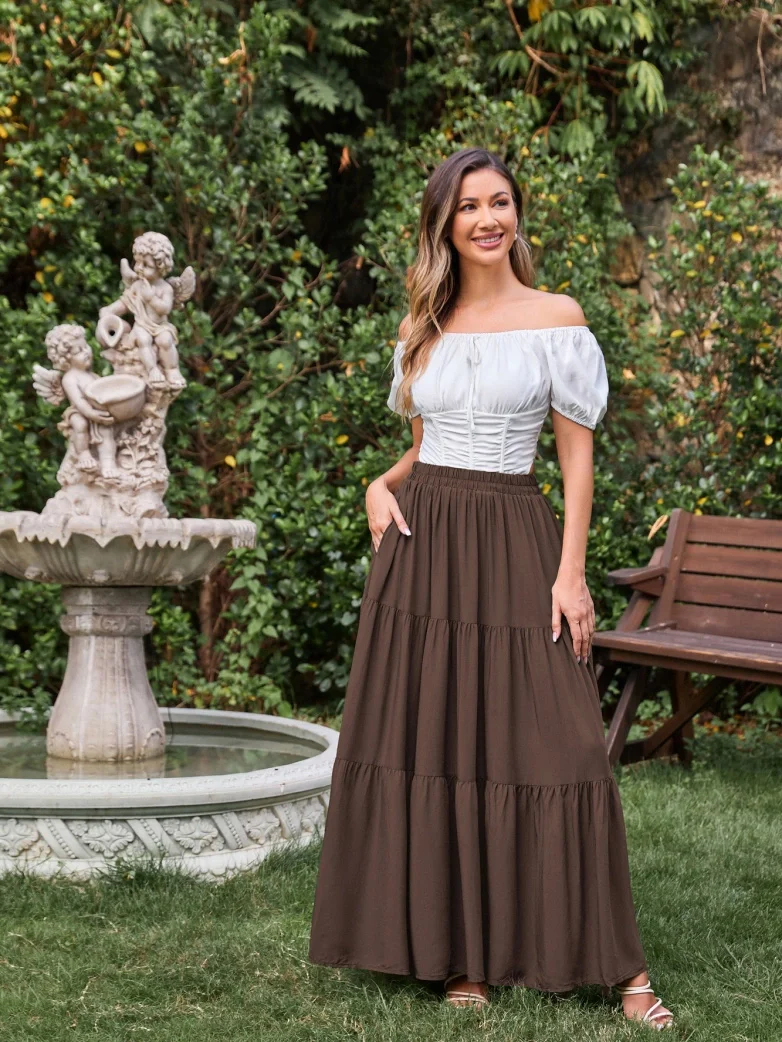 Renaissance Elastic Waist Swing Skirt with Pockets - Image 51