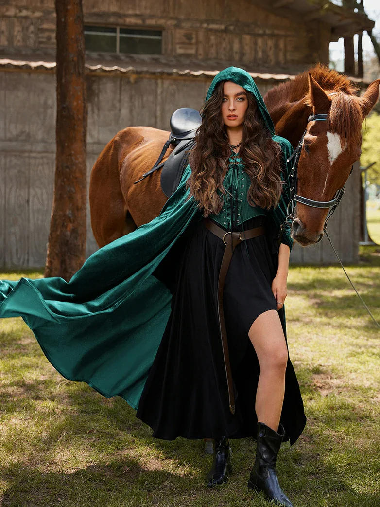 Medieval Warrior Cloak Renaissance Velvet Hooded Cape - Image 19