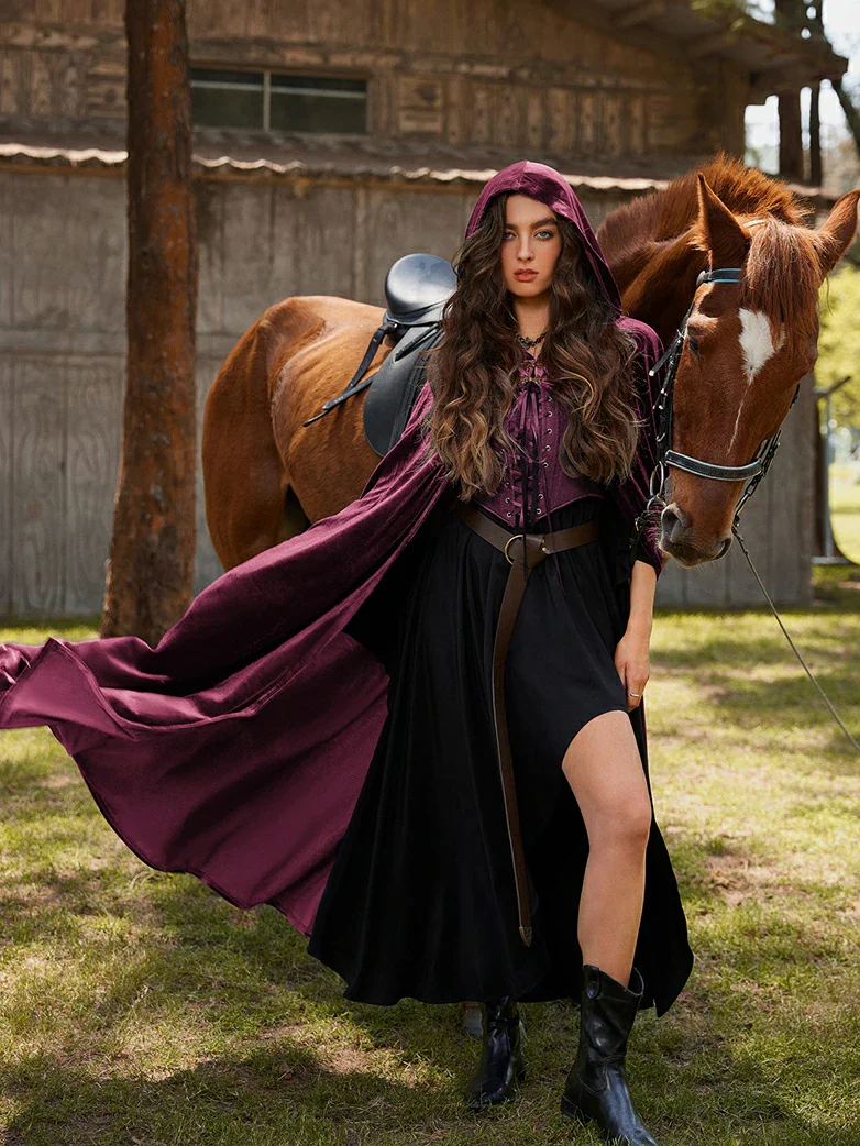 Medieval Warrior Cloak Renaissance Velvet Hooded Cape - Image 3