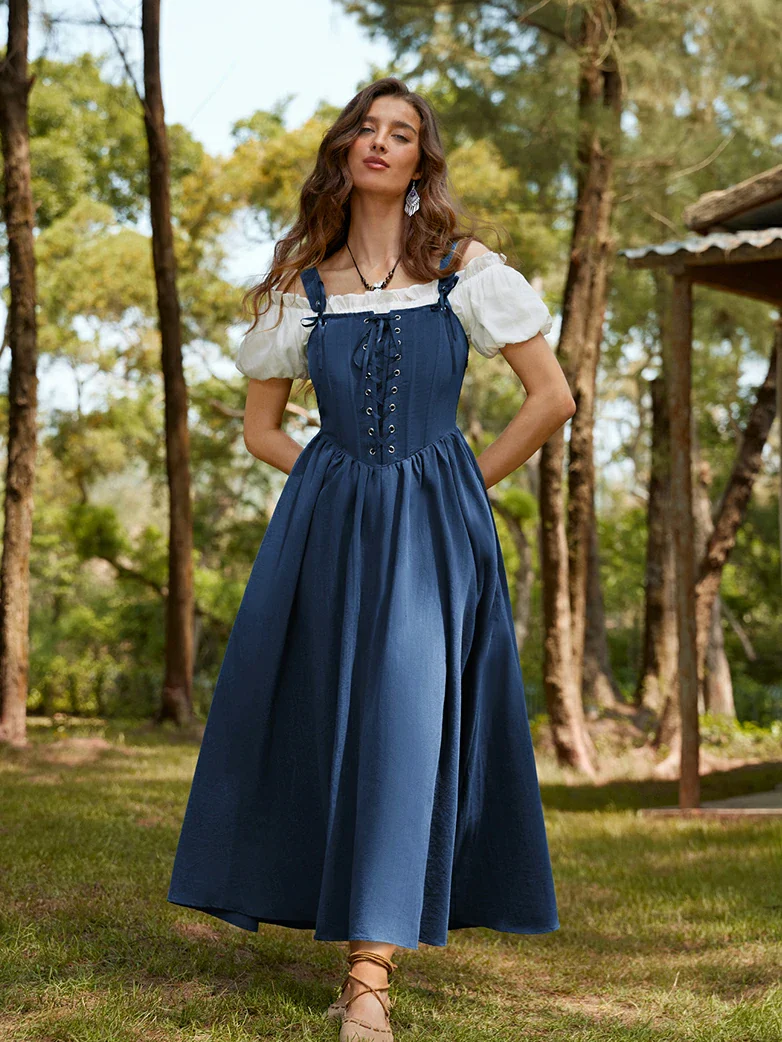 Renaissance Wide Straps Bodice Flared Pockets Dress - Image 19