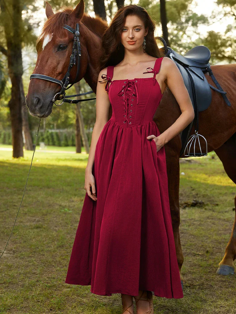 Renaissance Wide Straps Bodice Flared Pockets Dress - Image 39