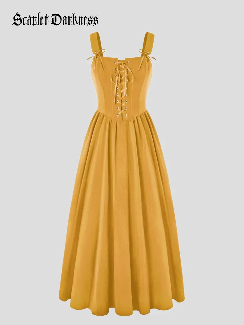 Renaissance Wide Straps Bodice Flared Pockets Dress - Image 47