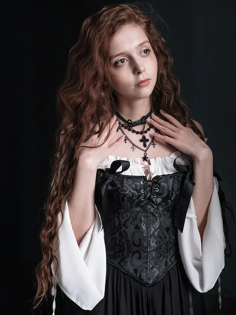 Adjustable Jacquard Black Corset Bodice with Zip - Image 3