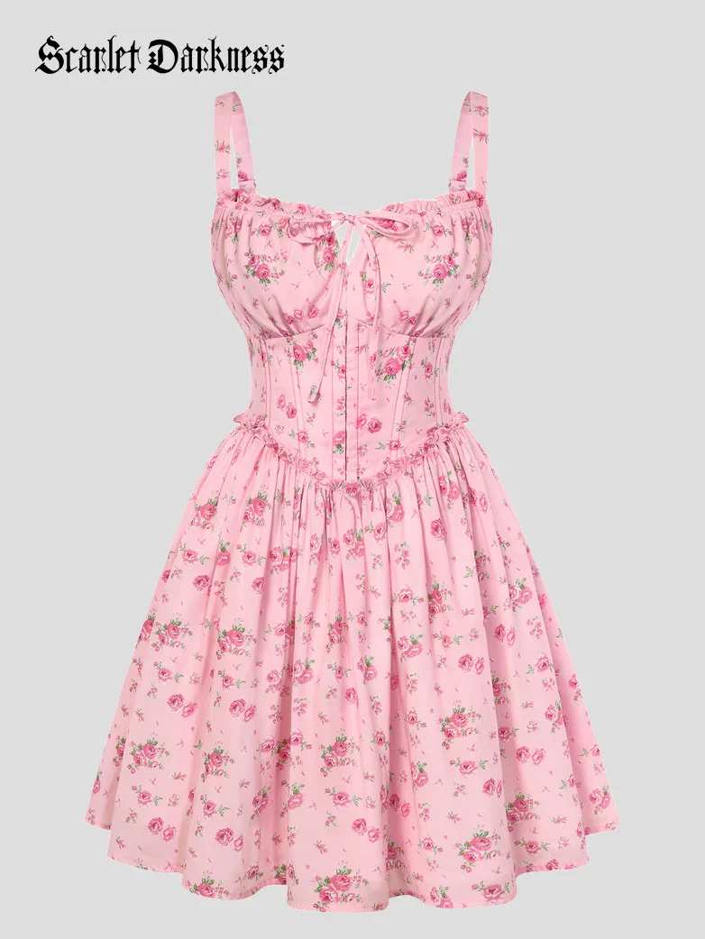Victorian Floral Spring Corset Dress with Pockets - Image 4