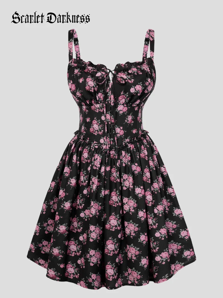 Victorian Floral Spring Corset Dress with Pockets - Image 63
