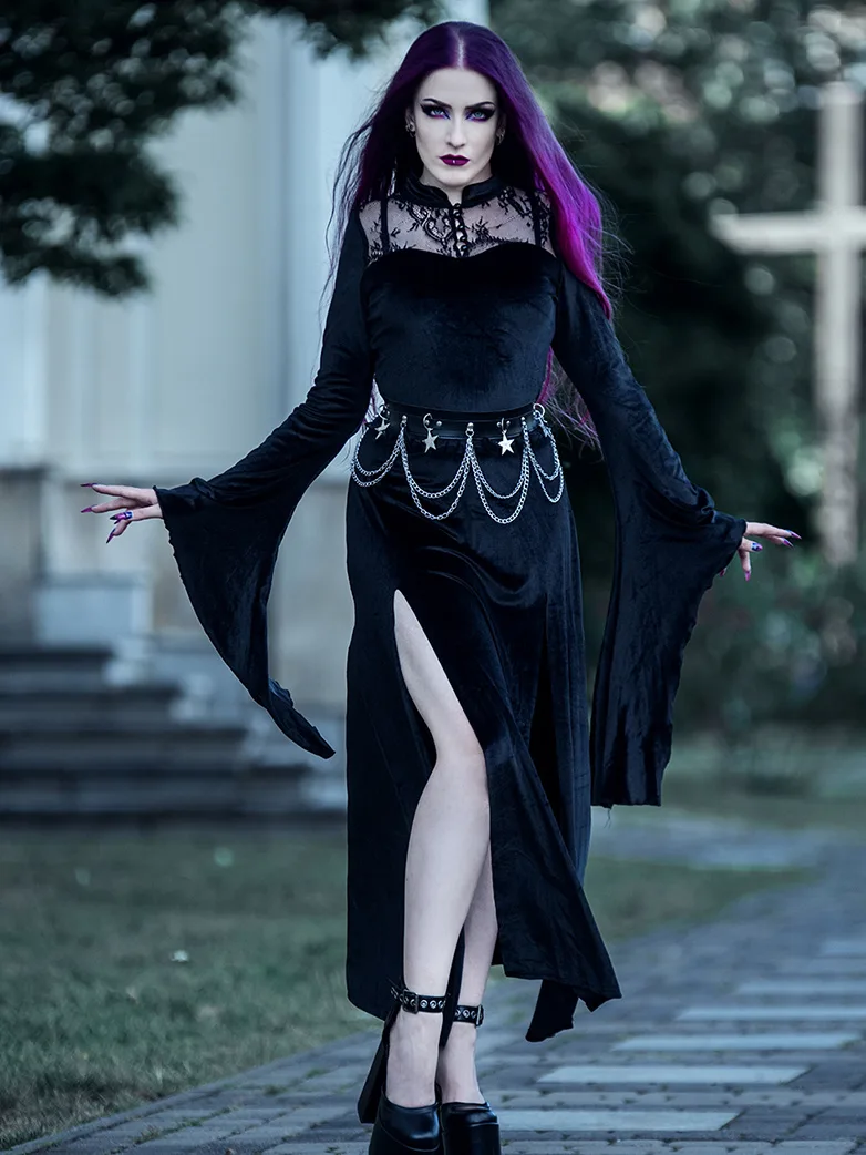 Victorian Gothic Stand Collar Lace Velvet Slit Dress
