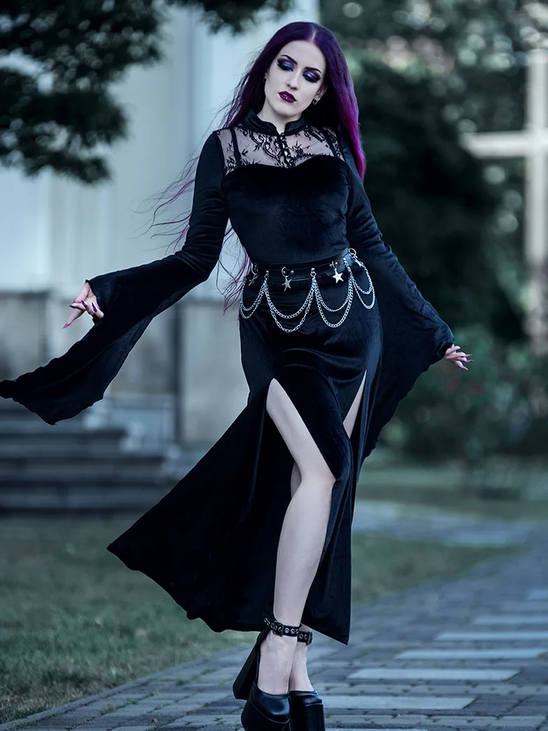 Victorian Gothic Stand Collar Lace Velvet Slit Dress - Image 2