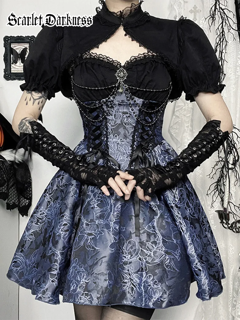 Victorian Gothic Sweetheart Neck Jacquard 2-piece Dress - Image 3