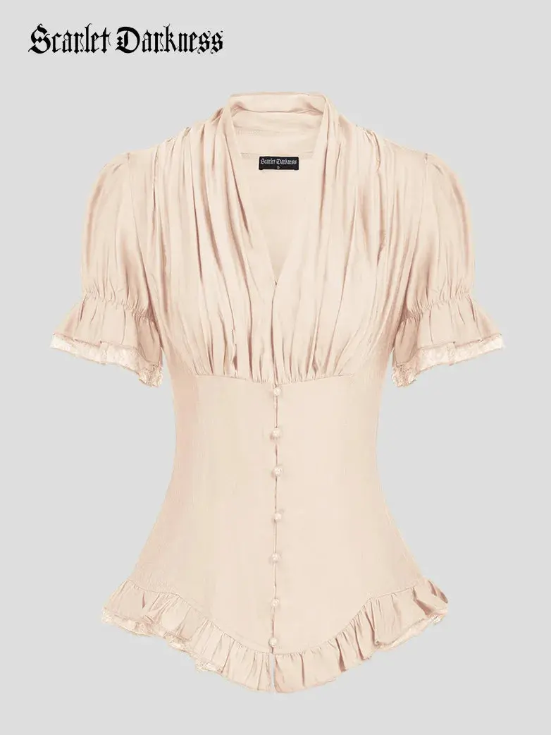 Ladies Victorian Blouse Lace Up Pleated Shirt - Image 11