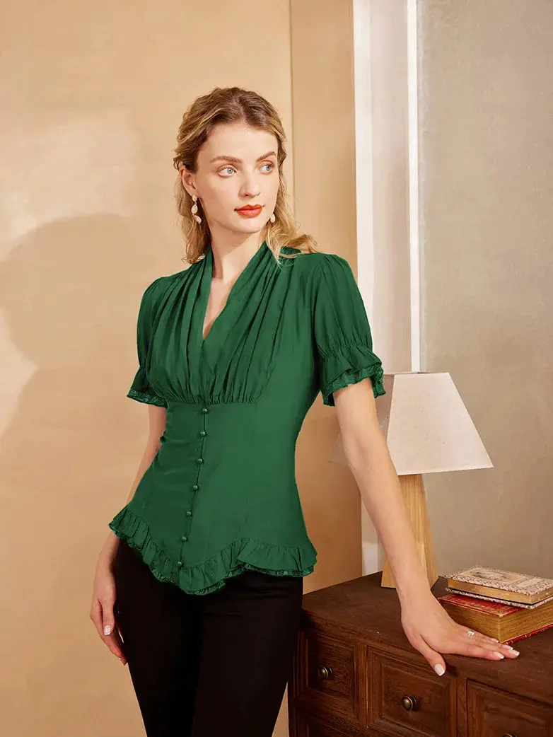 Ladies Victorian Blouse Lace Up Pleated Shirt - Image 24