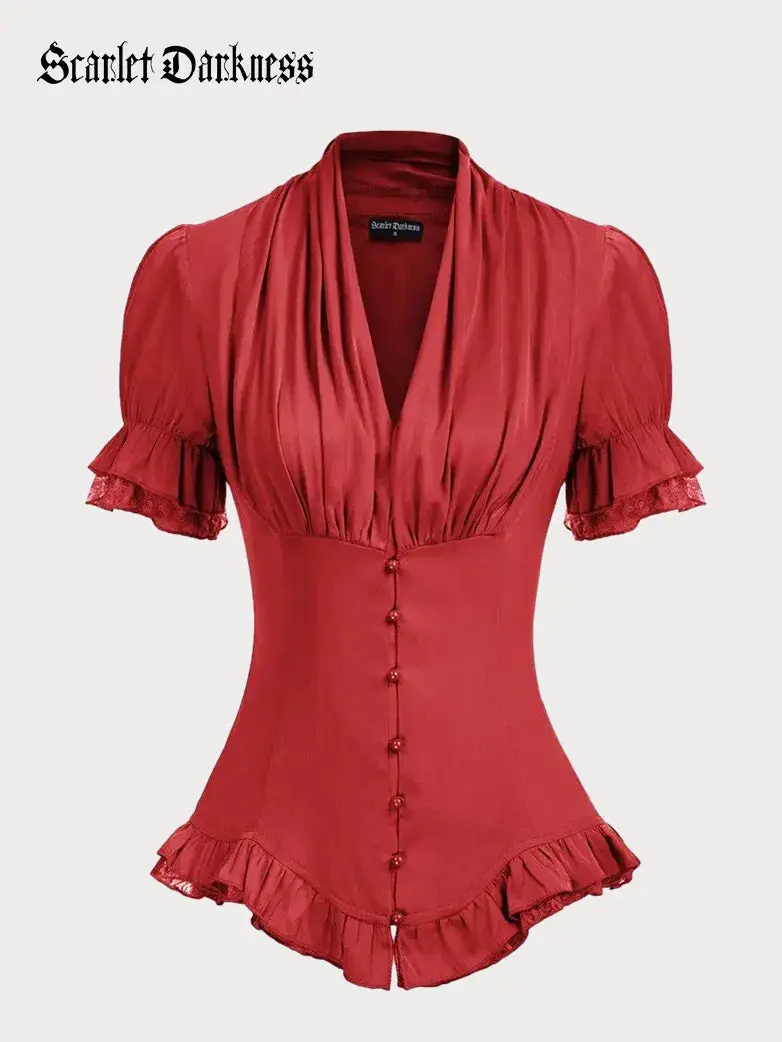 Ladies Victorian Blouse Lace Up Pleated Shirt - Image 10