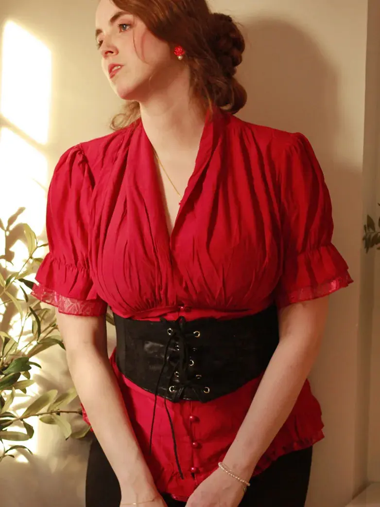 Ladies Victorian Blouse Lace Up Pleated Shirt - Image 11