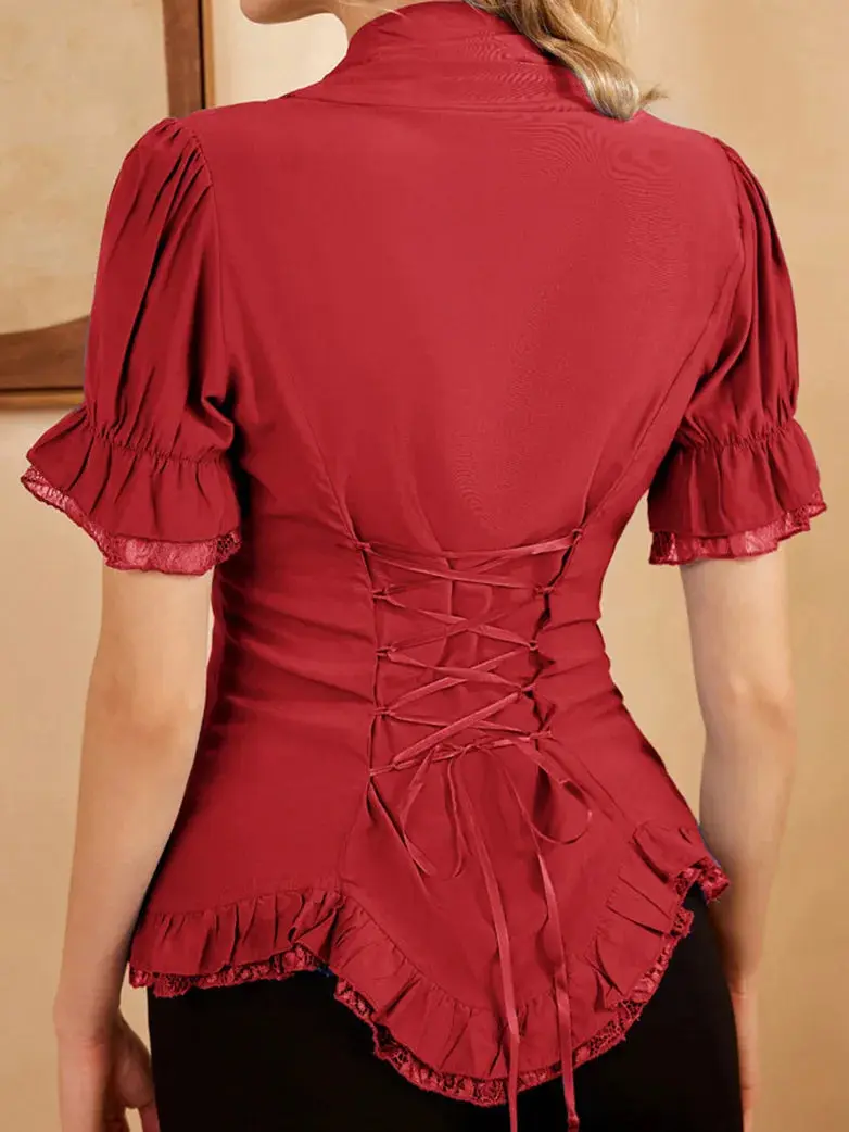 Ladies Victorian Blouse Lace Up Pleated Shirt - Image 13