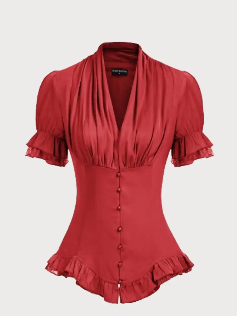 Ladies Victorian Blouse Lace Up Pleated Shirt - Image 28