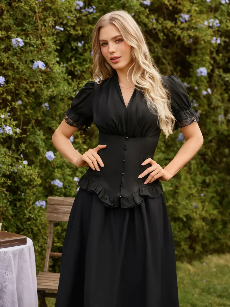 Ladies Victorian Blouse Lace Up Pleated Shirt - Image 3