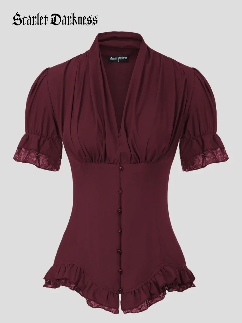 Ladies Victorian Blouse Lace Up Pleated Shirt - Image 34