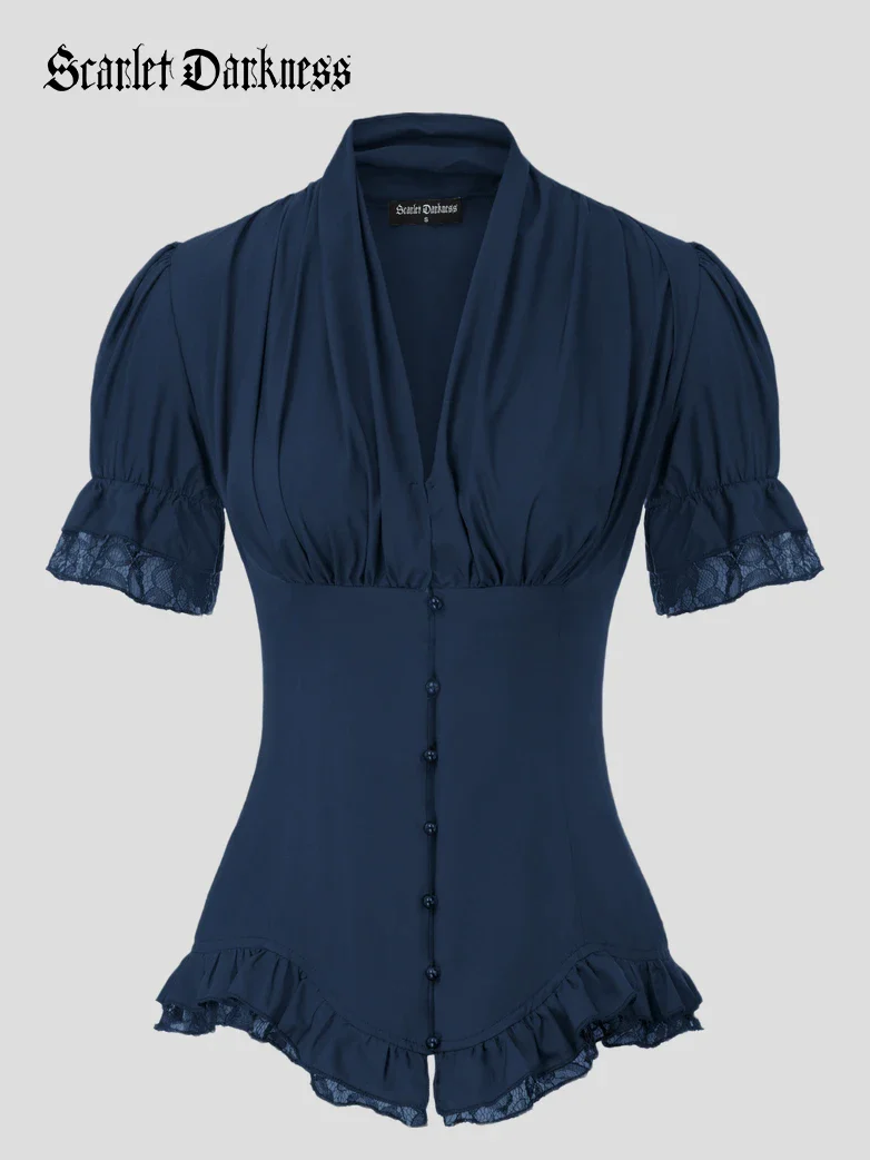 Ladies Victorian Blouse Lace Up Pleated Shirt - Image 37