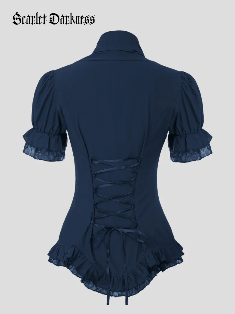 Ladies Victorian Blouse Lace Up Pleated Shirt - Image 38