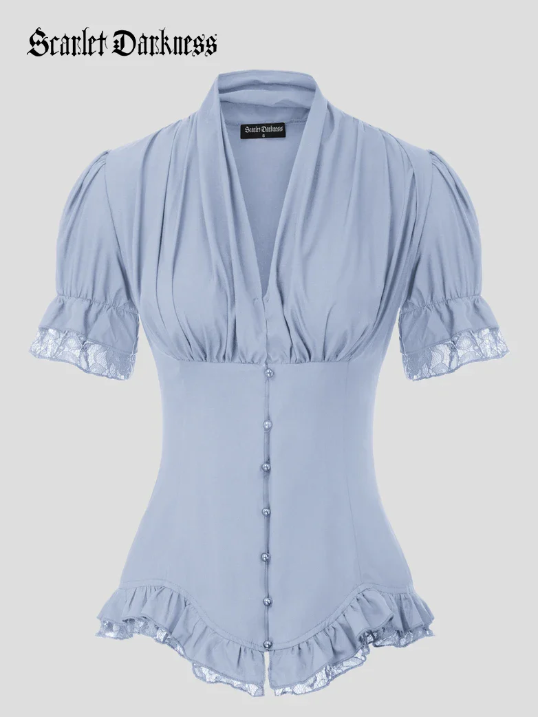 Ladies Victorian Blouse Lace Up Pleated Shirt - Image 7