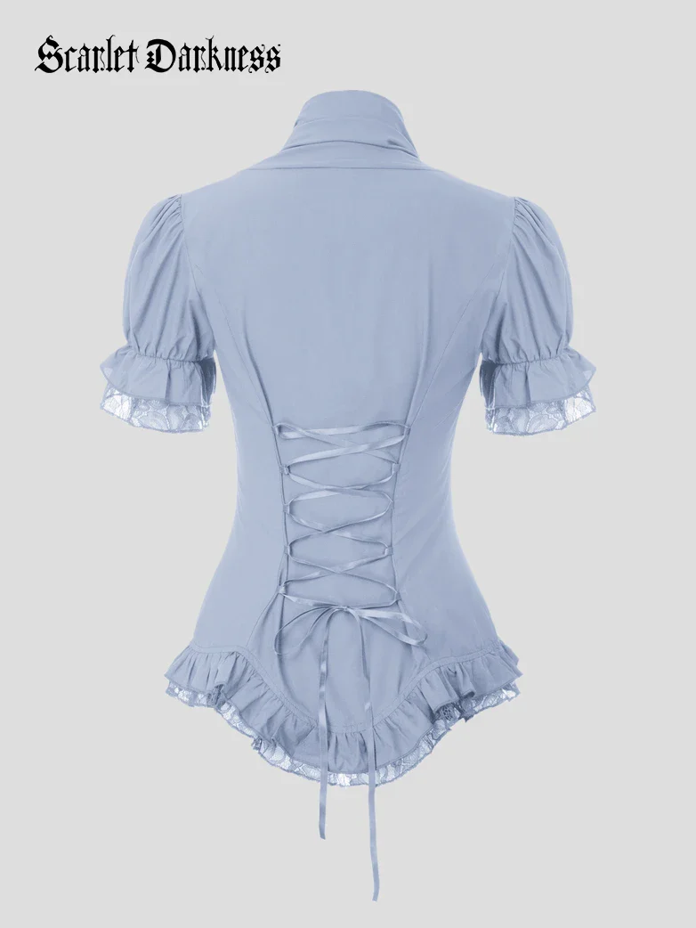 Ladies Victorian Blouse Lace Up Pleated Shirt - Image 8