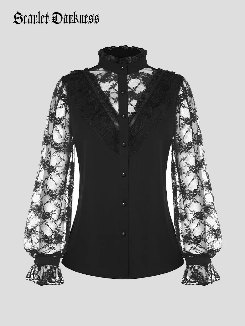Victorian Lace Patchwork Stand Collar Shirt Tops