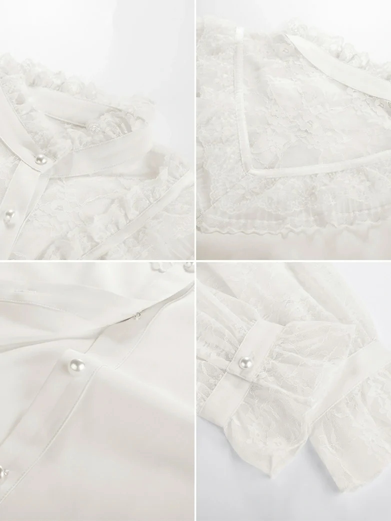 Victorian Lace Patchwork Stand Collar Shirt Tops - Image 12