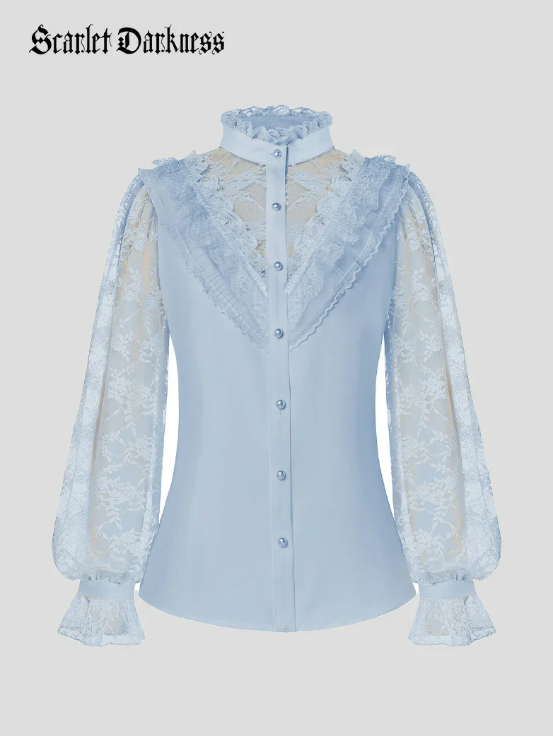 Victorian Lace Patchwork Stand Collar Shirt Tops - Image 14