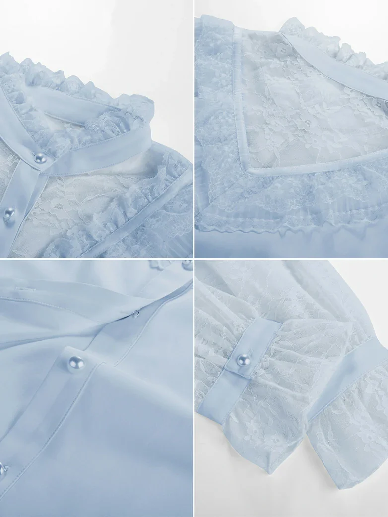 Victorian Lace Patchwork Stand Collar Shirt Tops - Image 18
