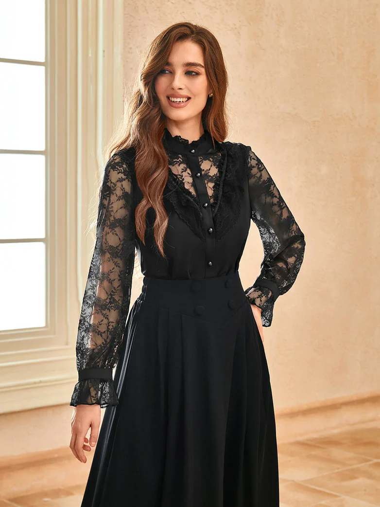 Victorian Lace Patchwork Stand Collar Shirt Tops - Image 2