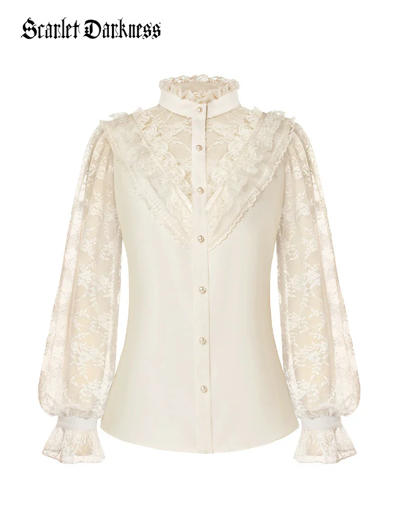 Victorian Lace Patchwork Stand Collar Shirt Tops - Image 20
