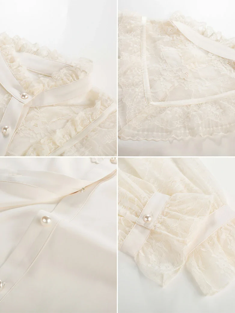 Victorian Lace Patchwork Stand Collar Shirt Tops - Image 23