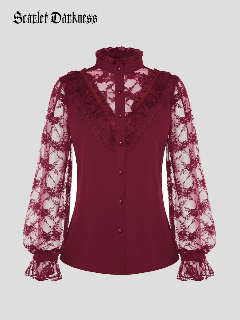 Victorian Lace Patchwork Stand Collar Shirt Tops - Image 25