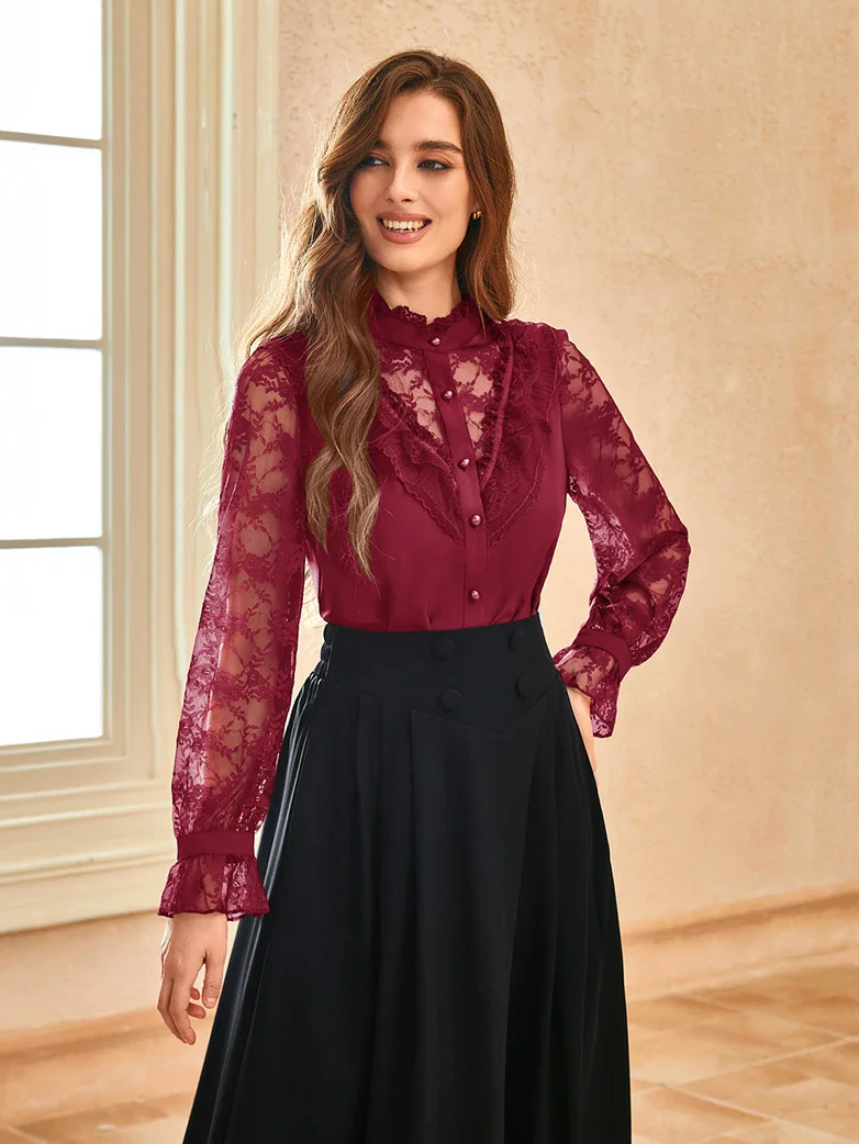 Victorian Lace Patchwork Stand Collar Shirt Tops - Image 26