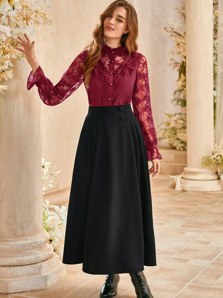 Victorian Lace Patchwork Stand Collar Shirt Tops - Image 27