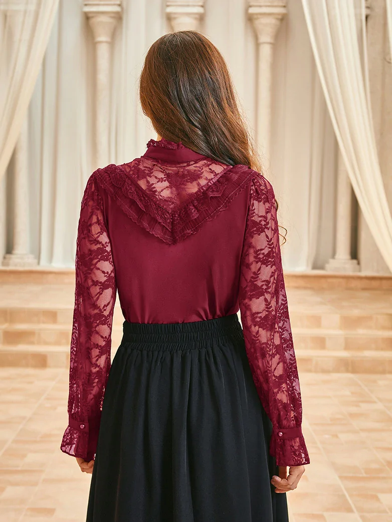 Victorian Lace Patchwork Stand Collar Shirt Tops - Image 28