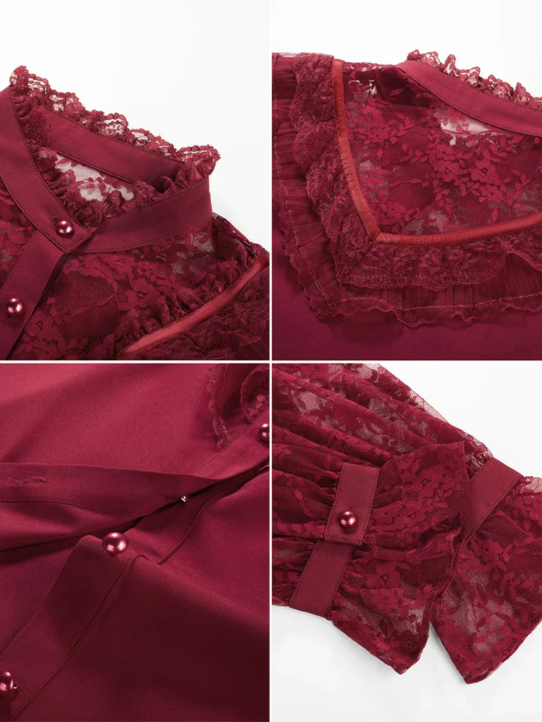 Victorian Lace Patchwork Stand Collar Shirt Tops - Image 29