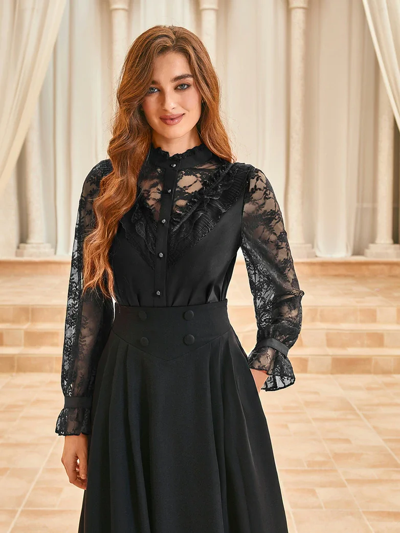Victorian Lace Patchwork Stand Collar Shirt Tops - Image 3