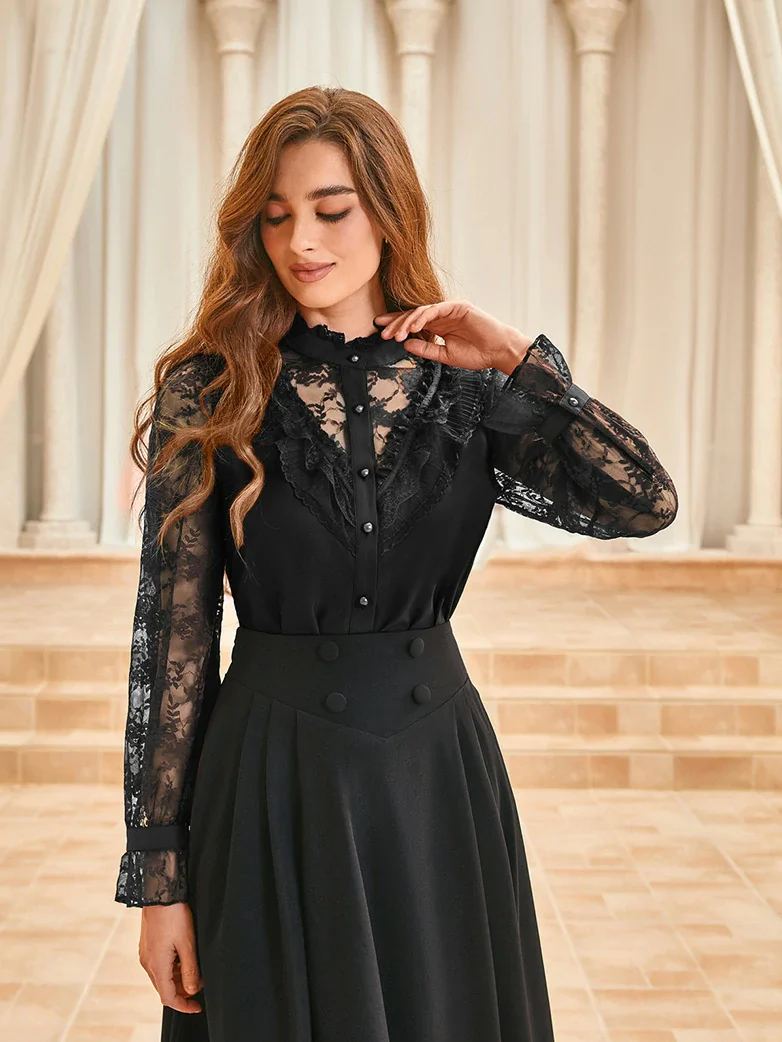 Victorian Lace Patchwork Stand Collar Shirt Tops - Image 4