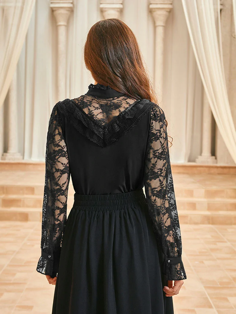 Victorian Lace Patchwork Stand Collar Shirt Tops - Image 5