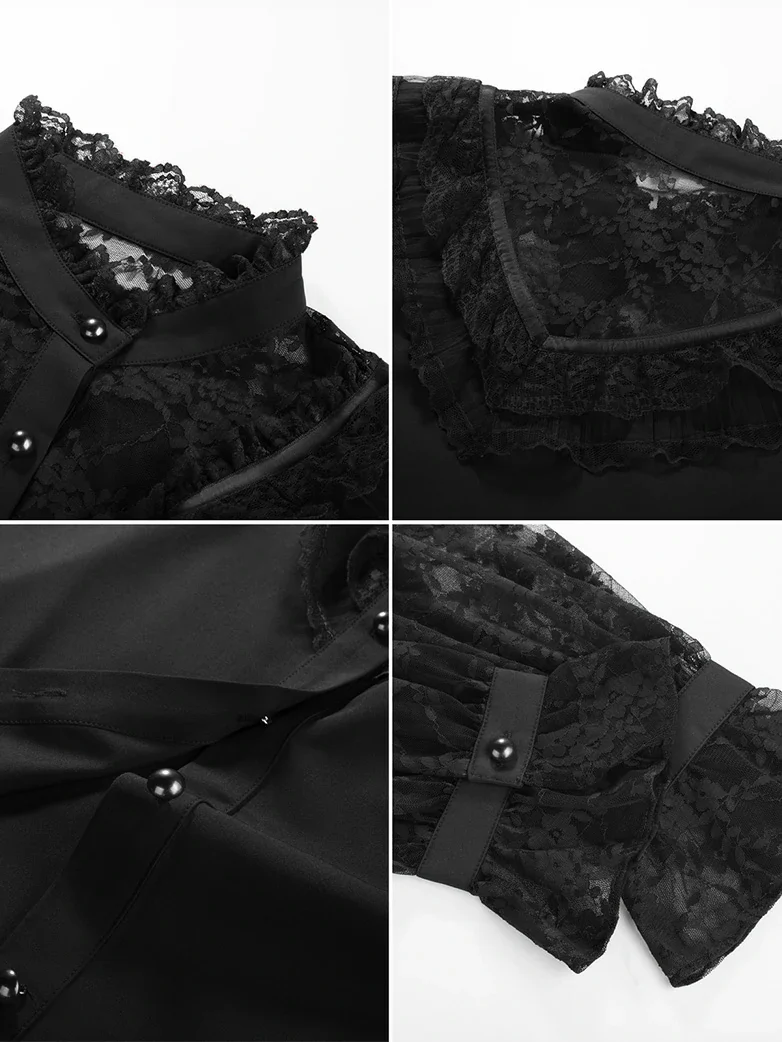 Victorian Lace Patchwork Stand Collar Shirt Tops - Image 6