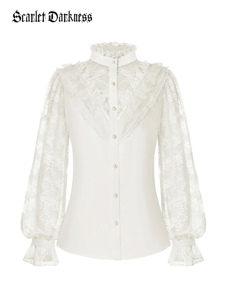 Victorian Lace Patchwork Stand Collar Shirt Tops - Image 8