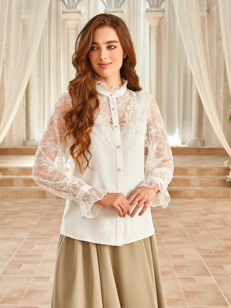 Victorian Lace Patchwork Stand Collar Shirt Tops - Image 9