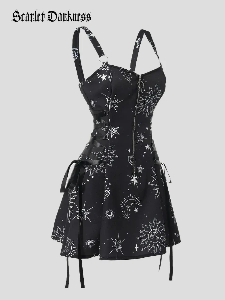 Women's Gothic Print Suspender A-Line Witch Dress - Image 6