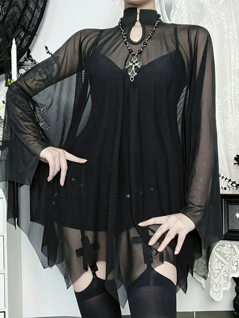Gothic Suspender Bodysuit Mesh Cape Two-Piece Set