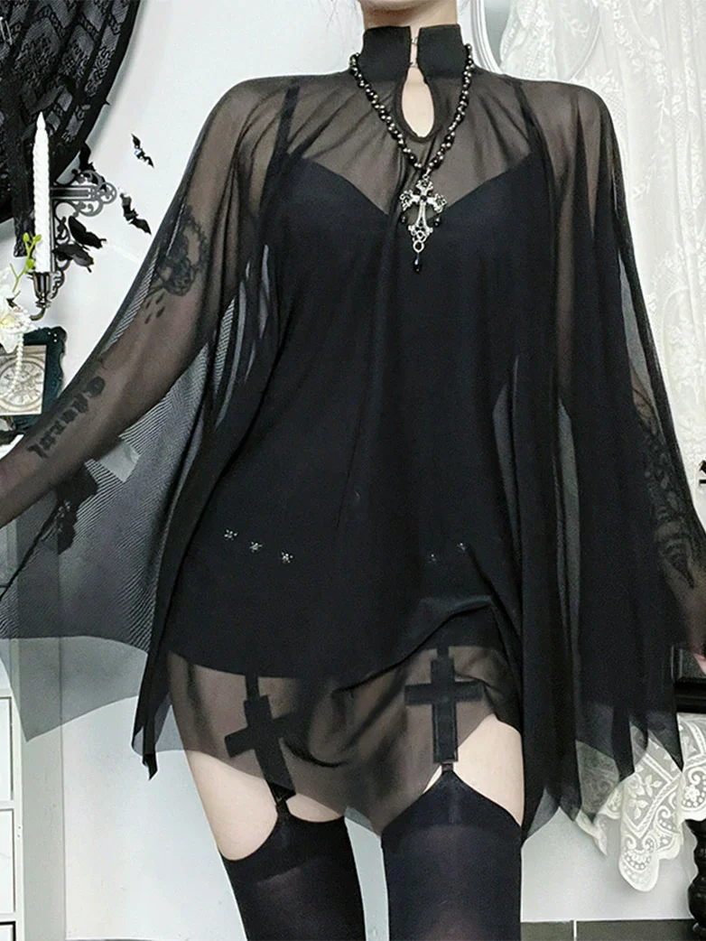 Gothic Suspender Bodysuit Mesh Cape Two-Piece Set - Image 2