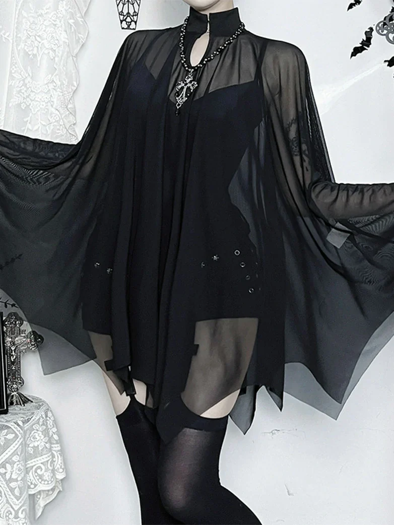 Gothic Suspender Bodysuit Mesh Cape Two-Piece Set - Image 3