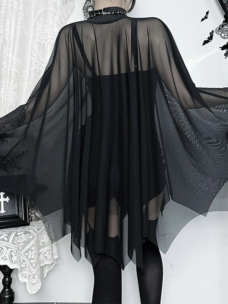 Gothic Suspender Bodysuit Mesh Cape Two-Piece Set - Image 4