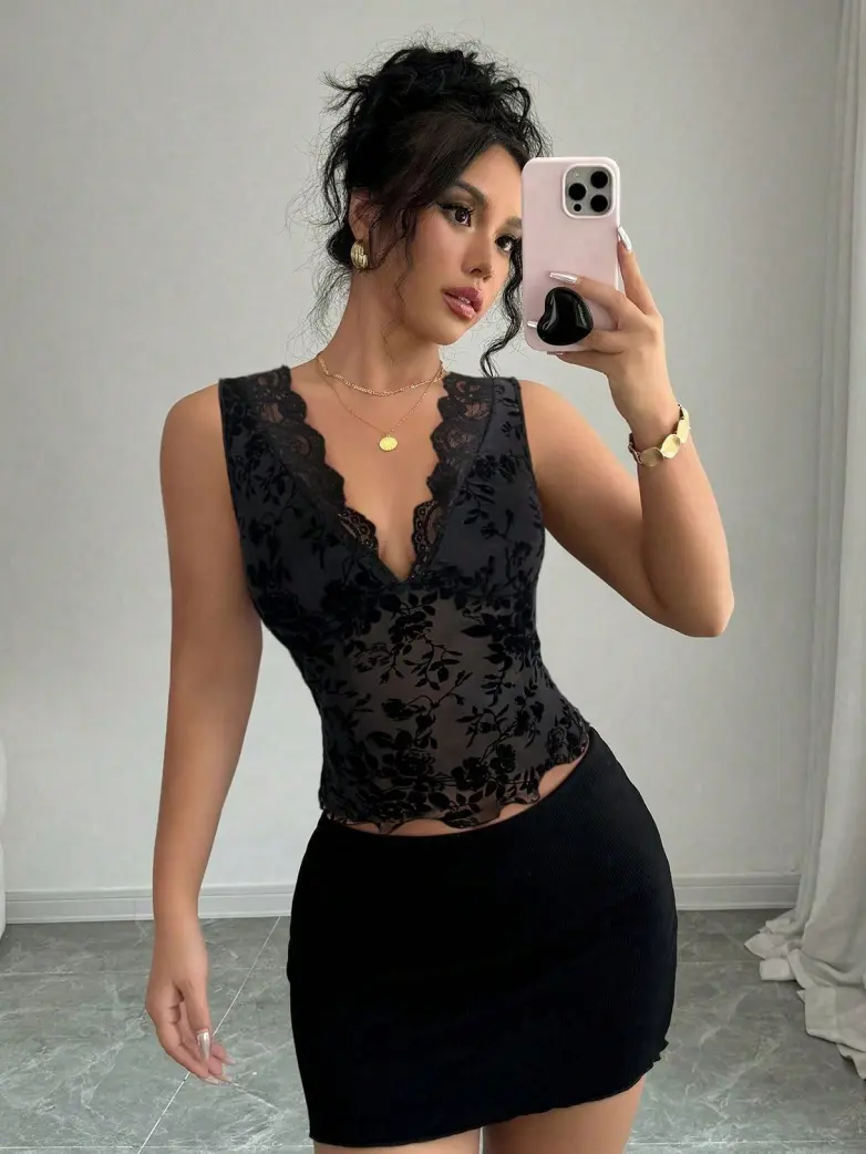 Gothic Slim Fit Flocked Mesh Lace V-Neck Vest Top - Image 2