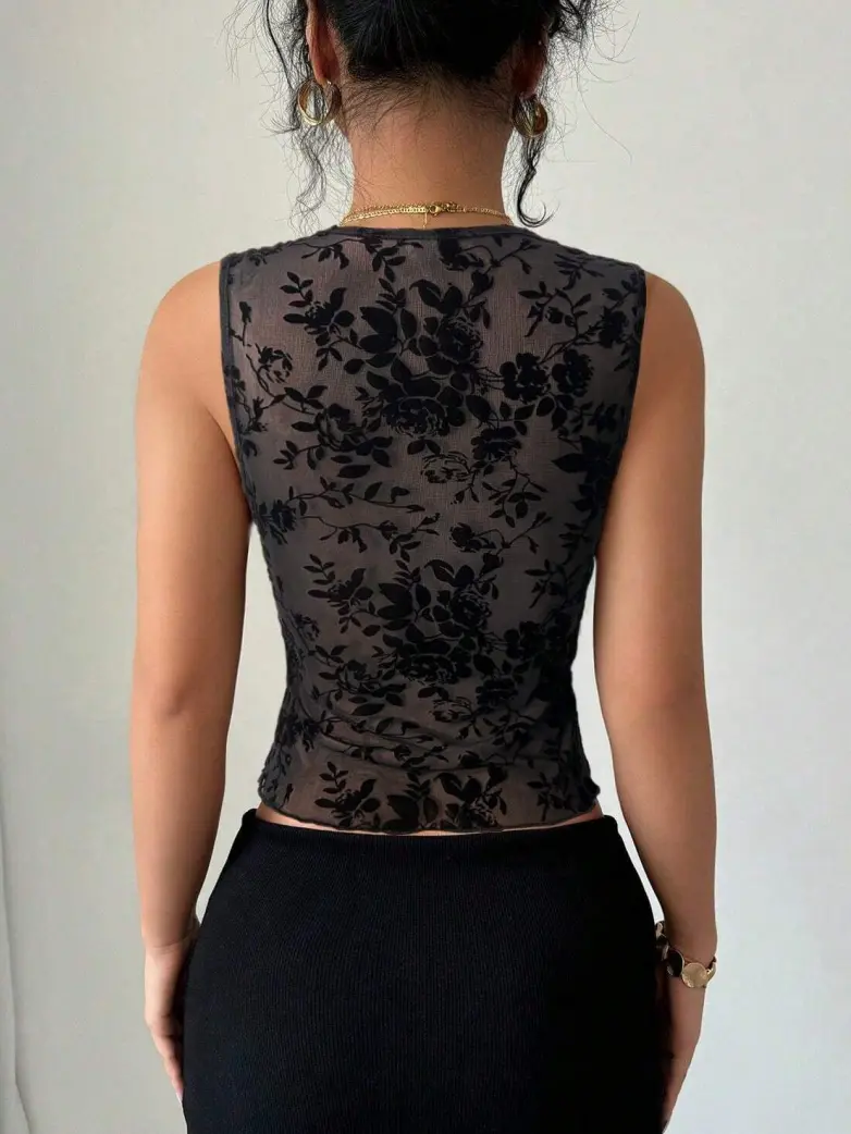 Gothic Slim Fit Flocked Mesh Lace V-Neck Vest Top - Image 4