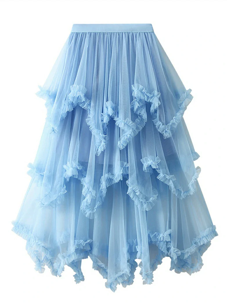 Women's Spliced Mesh High Low Hem Ruffled Skirt - Image 10